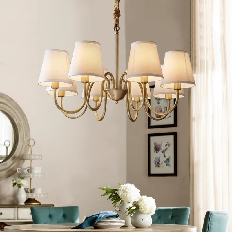 Medieval Living Room Copper Chandelier Retro Dining Room Modern Luxury Fabric Hanging Lamp Bedroom