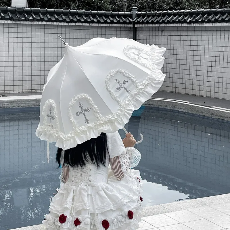 Pact Cross Dark Gothic Lolita Pagoda Umbrella Ruffled Lace Cross Trim Black Glue UV Block Sun Rain Dual Use For Alt Cosplay