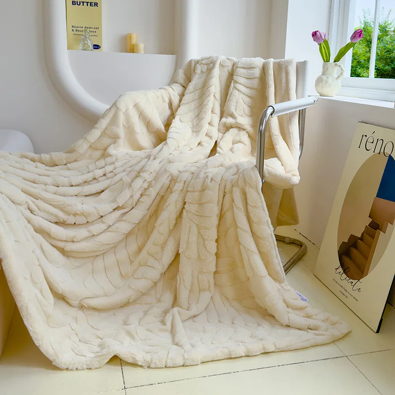 Solid Banana Leaf Jacquard plush blankets Double Layered Thick Faux Rabbit Fur Bedspread Multi-Functional Office Nap Blanket