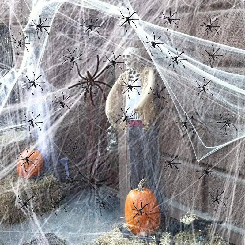 Halloween gruselige Spinnennetz-Dekoration, flauschig, dehnbar, gefälschte Spinnweben, schwarze Spinnen, gruseliges Spukhaus, Partyzubehör für Fenster und Türen