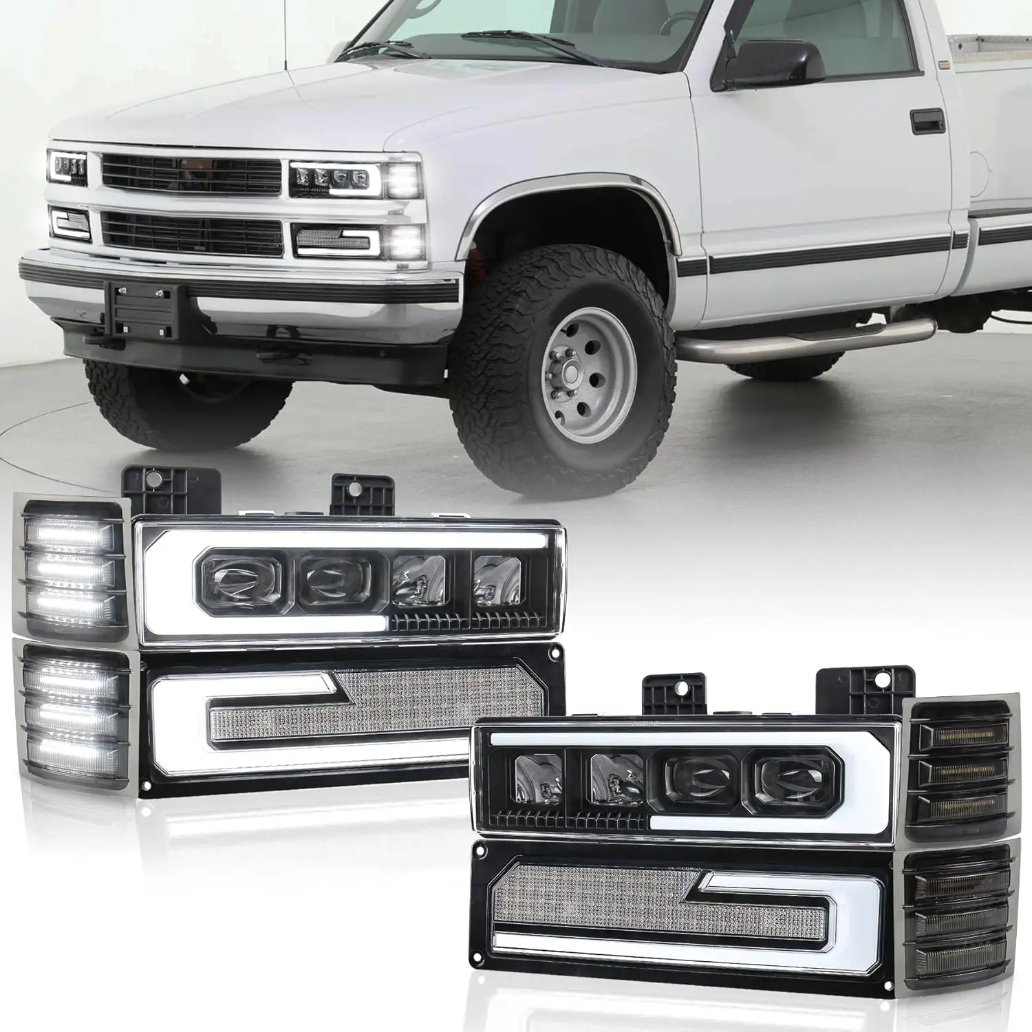 MOVOTOR LED Headlight Assembly with Welcome DRL Turn Signal&LED Front Side Marker Lights for 1994-1998 Chevrolet Silverado