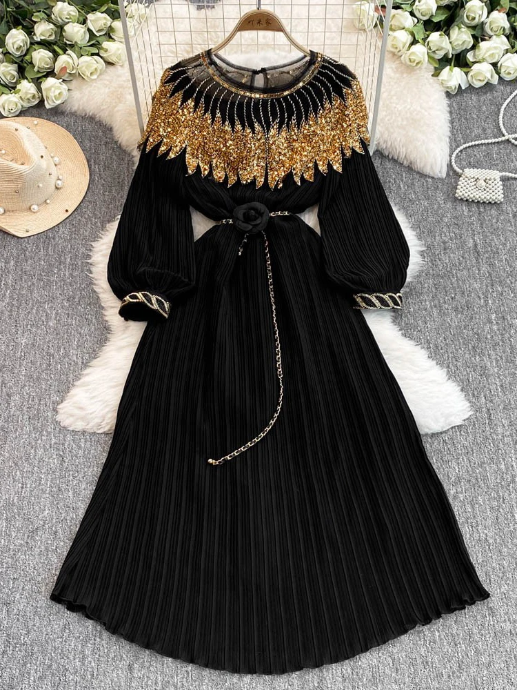 French Retro Rhine Stone Lace Up Lantern Long Sleeve O Neck Dress Chic Fashion Ceremonial A-line Women Dress