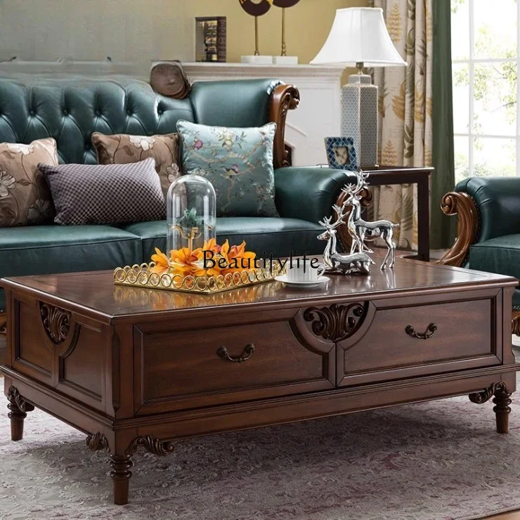 

yj19 American Style Solid Wood Simple Long Coffee Table European Style Retro Square Drawer Coffee Table