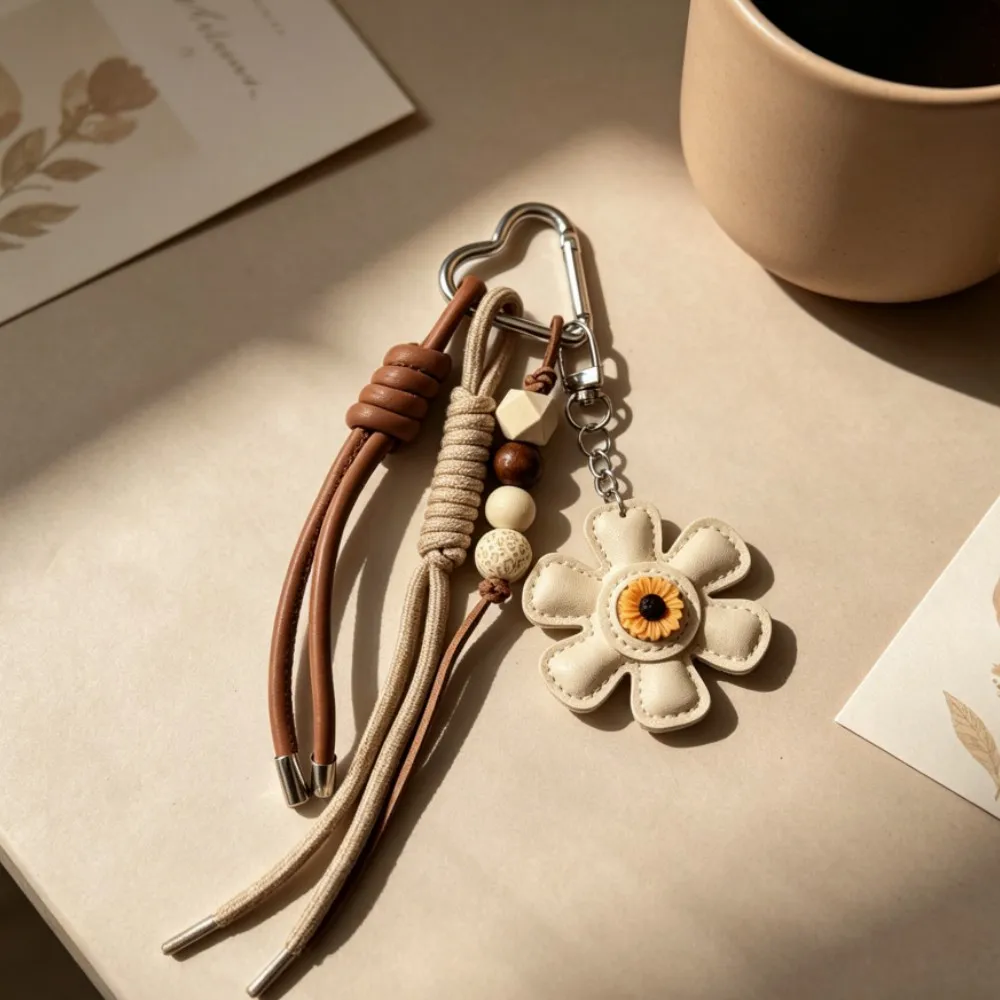Flower Leather Flower Bag Charm Keychain, Braided Cord & Wooden Beads, Retro Boho Accessory for Women Bags & Keys