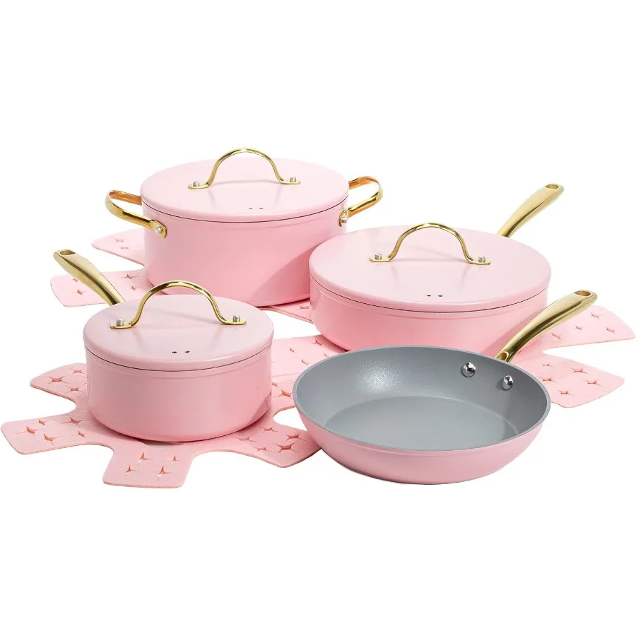 Iconic Nonstick Pots and Pans Set, Multi-layer Nonstick Coating, Matching Lids With Gold Handles,  Dishwasher Safe Cookware Set