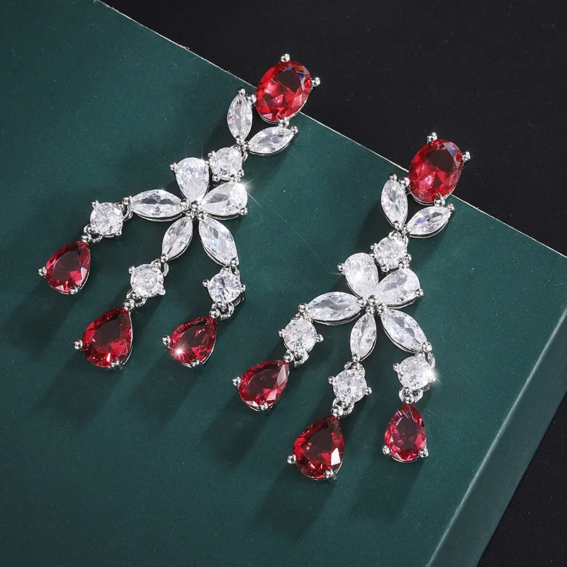 S925 Silver Plated 18K Gold Plated PT950 Platinum Retro Tassel Colorful Treasure Style Hand-set Diamond Women's Earrings