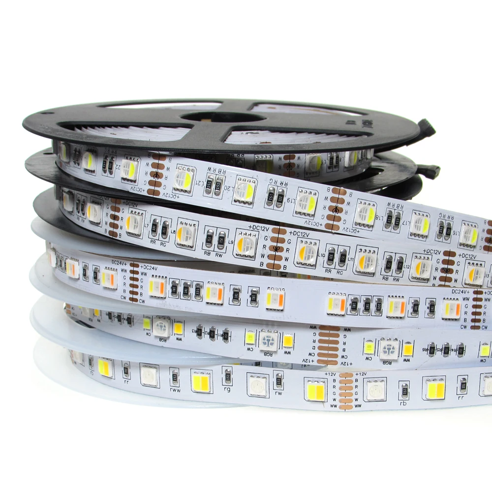 RGB LED Strip 12V 24V 5050 60leds/m 5Meters 12mm PCB IP67 Waterproof 4in1 5in1 RGB CCT 5 Colors In 1 Chip CW+RGB+WW RGBW RGBWW