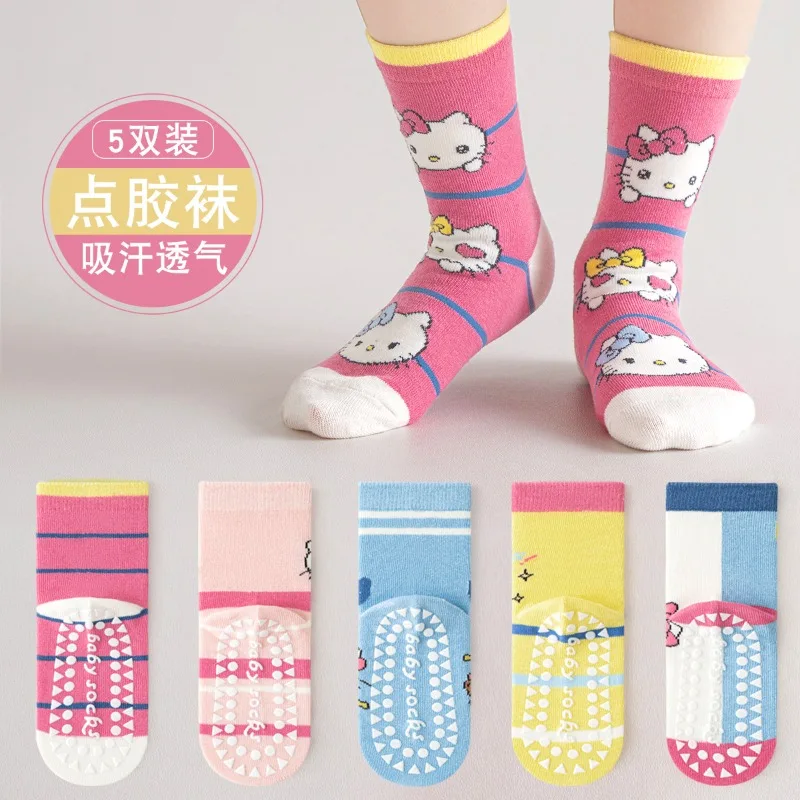 

5 Pairs Sanrio Hello Kitty Cotton Anti-slip Mid-calf Socks For Boys Girls Autumn and winter Floor Kids Sock With Rubber Grips