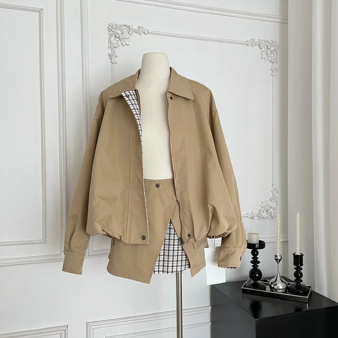 Primavera outono feminino streetwear duas peças saia conjunto senhora manga longa zíper jaqueta solta + retalhos uma linha mini saia