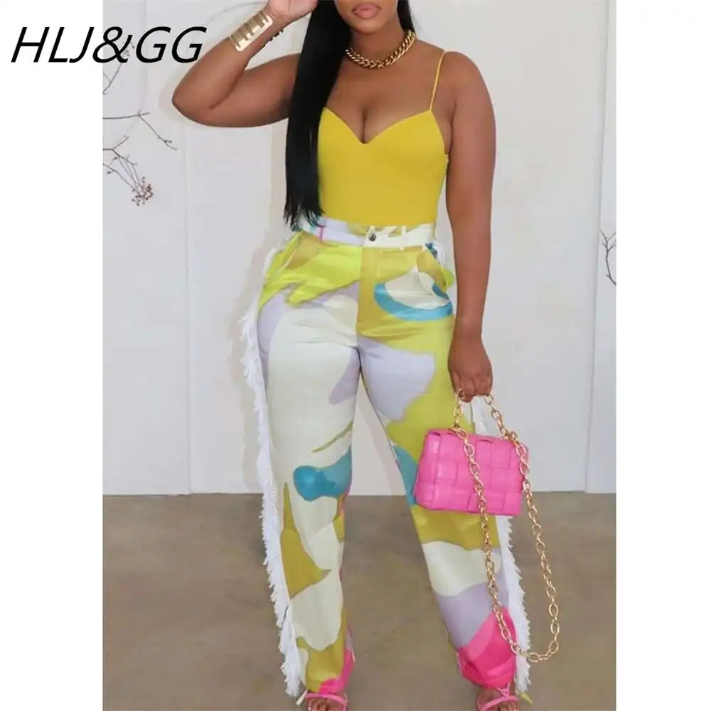 HLJ&GG Fashion Colorful Pattern Printing Tassels Loose Wide Leg Pants Women High Waisted Button Straight Trousers Casual Bottoms