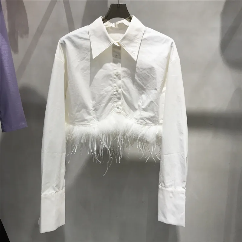 

Ostrich Feather Short Shirt Women's Long Sleeve Diamond Button Cotton Straight Cut Korean Style Commute Pure Color Spring Autumn