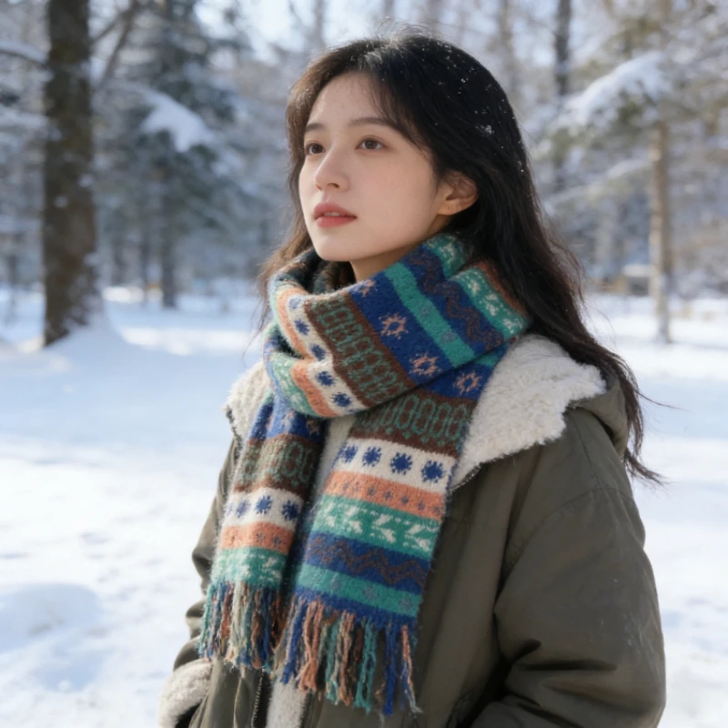 

New Winter Knitted Scarf Retro Fair Isle Pattern Korean Atmosphere Scarf Thickened Wool Scarf Soft Skin Friendly Windproof Scarf