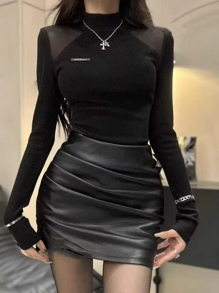 Sexy Splice Net Long Sleeve T-Shirt Women's Slim Fit Inner Wear Top High Waist Control Knitted  Color Commute Style