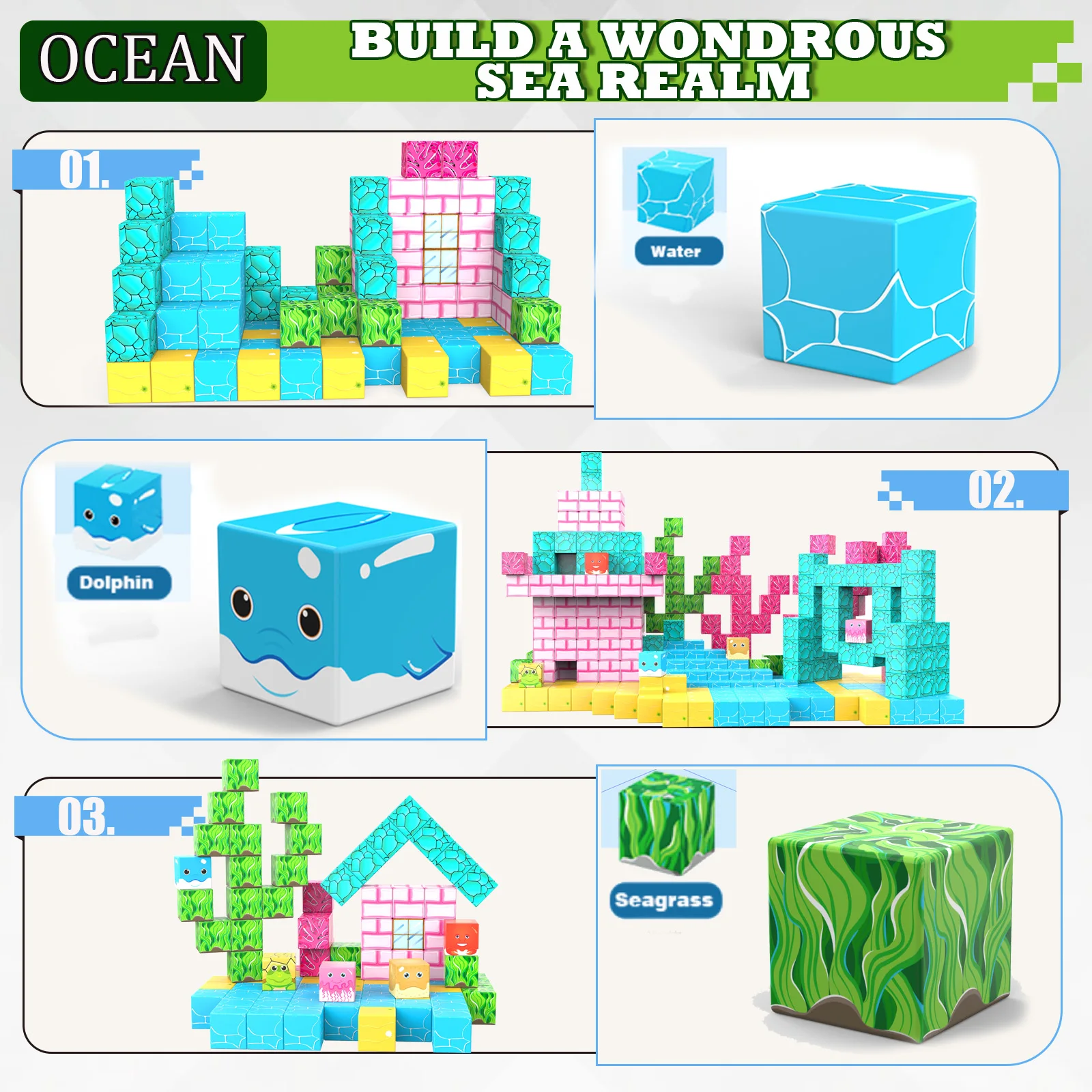 บล็อกแม่เหล็ก 70 ชิ้น - บล็อกแม่เหล็กสำหรับสร้างสรรค์ ของเล่นแม่เหล็กแบบซ้อนได้ ชุดของเล่นสร้างสรรค์ลายทะเล ชุดของเล่น STEM Montessori เสริมพัฒนาการสัมผัส