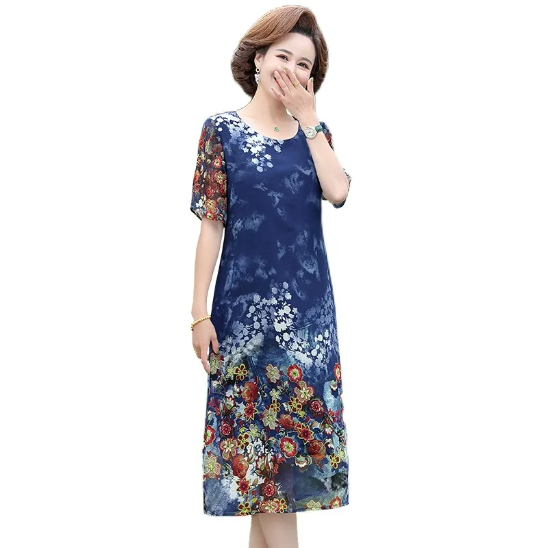 

Mother dress summer middle-aged and elderly dress womens chiffon sleeves loose cover belly western style