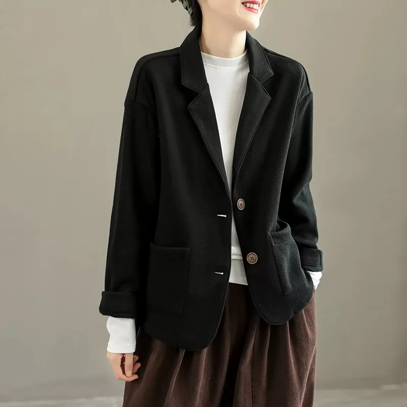 2023 Autumn Winter New Arts Style Women Single Breasted Loose Casual Blazers Double Pockets Vintage Woolen Basic Blazer  P235