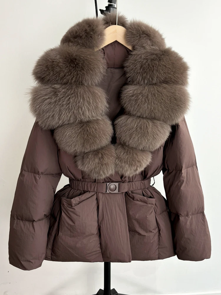 Lagabogy 2025 Large Real Fox Fur Winter Belt Waist-Tight Elegant Warm 90% White Duck Down Jacket Female V-neck Loose Puffer Coat