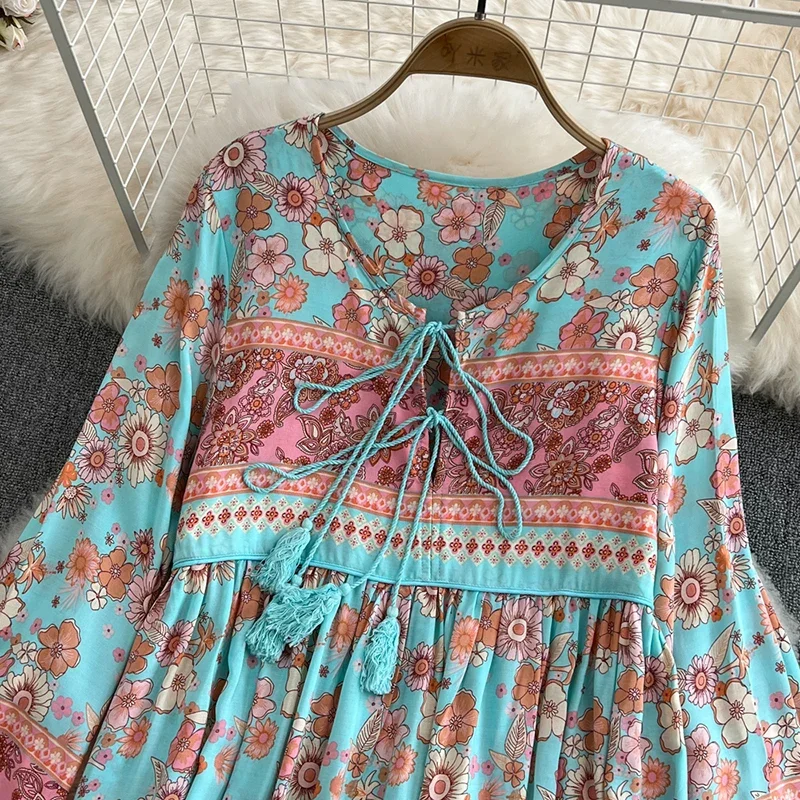 Vestido de manga larga con estampado de bosque Pastoral para mujer, vestido bohemio de algodón, borla suelta, primavera y verano, GD647