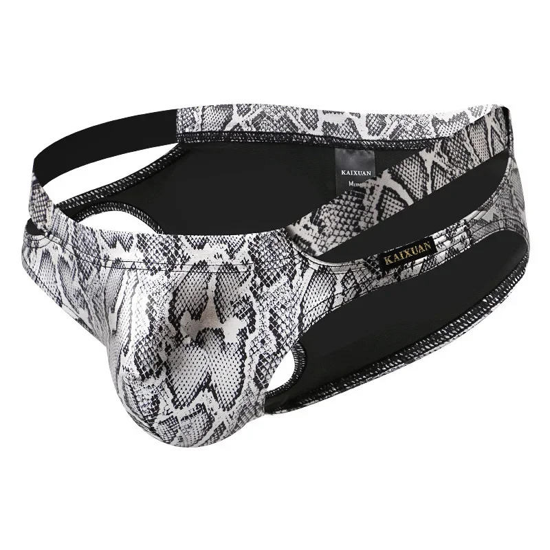 Men's Shiny Snake Print Faux Leather Bikini Briefs Low Rise Hollow Out Big U Convex Pouch Stretch Sexy Male Triangle Underwear