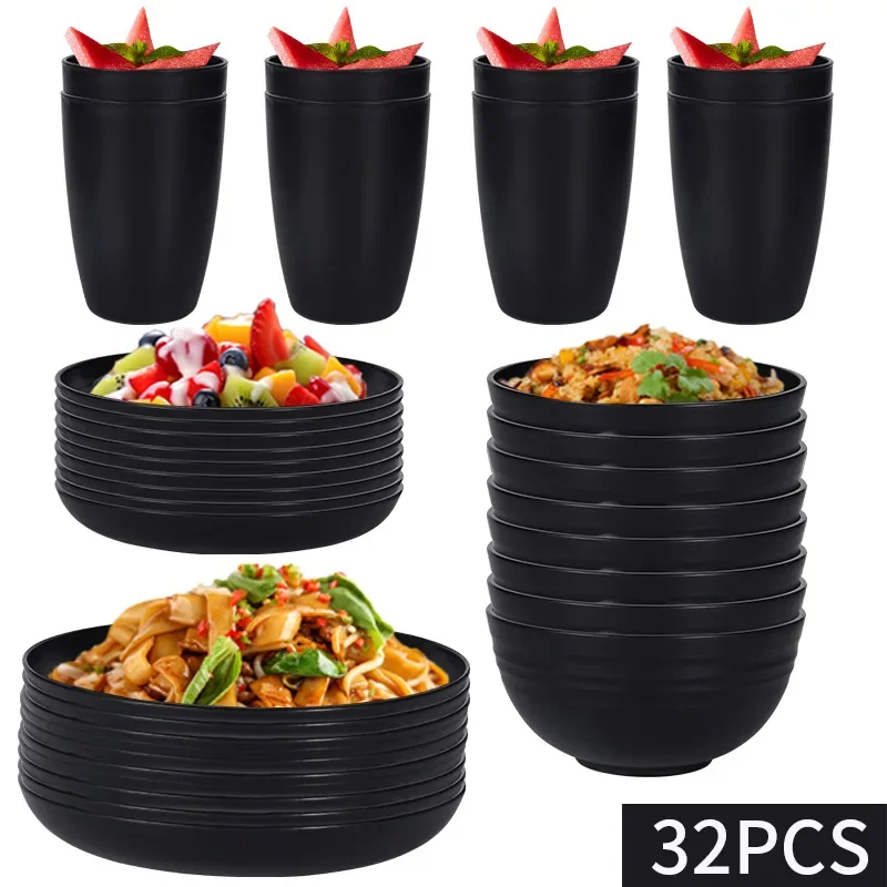 12/16 PCS Wheat Straw Bowl Plate Cup Set Household 8 People Black Tableware Set Outdoor Picnic Camping Portable Cultery Set