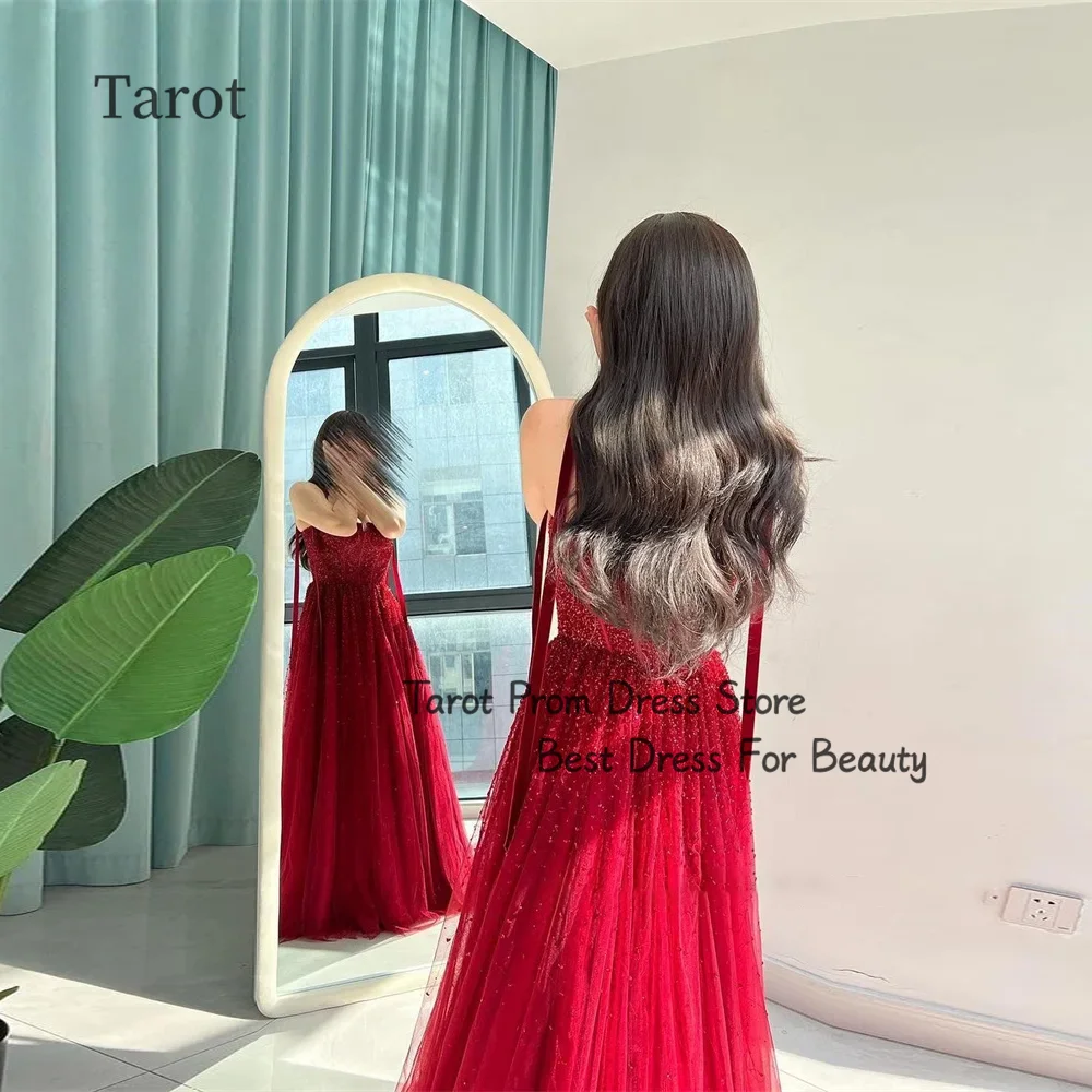 Tarot Red Spaghetti Straps Prom Dresses Tulle A Line Elegant Evening Dress For Women Floor Length Saudi Arabia فساتين سهرة