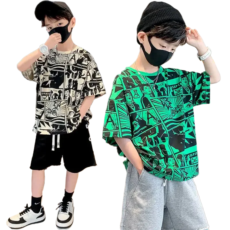 

Boys Summer Fashion Cotton T-shirts 2024 New Korean Style Anime Print Streetwear Tops For 3-13 Years Boys Kids Trendy Clothes