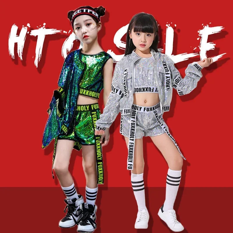 EE01 2023 แฟชั่นชายHip-HopชุดสาวเงินสีJazz Danceเครื่องแต่งกายเด็กเสื้อผ้าเต้นรําเครื่องแต่งกายCool RaveIo0!