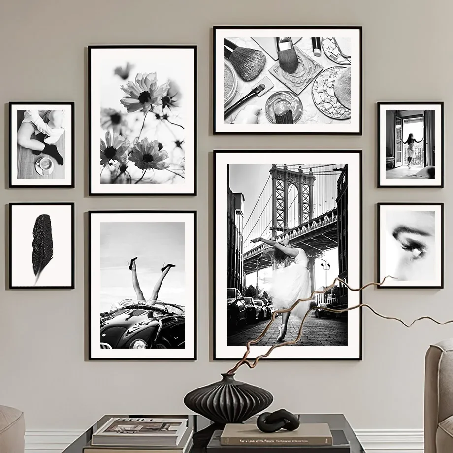 New York Bridge Feather Flower Fashion Woman Wall Art Mural Canvas Painting Black White Landscape Poster Print Living Room Decor