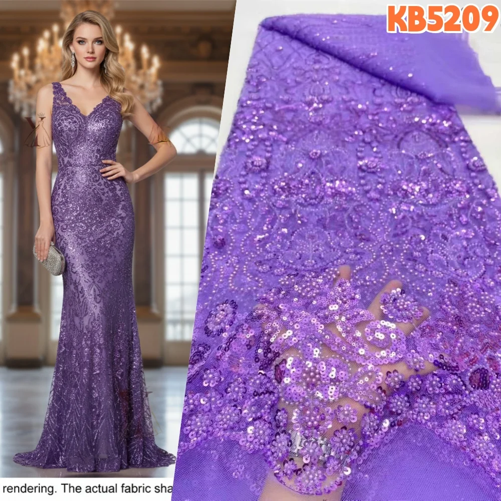 

Purple Lilac Fabric Sequins Embroidery Fabric Beaded Tulle Lace French Mesh African Beaded Lace Ribbon For Needlework KB5209
