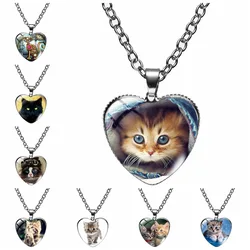 Cartoon Animal Cat Peach Heart Necklace Glass Heart shaped Pendant Necklace Women