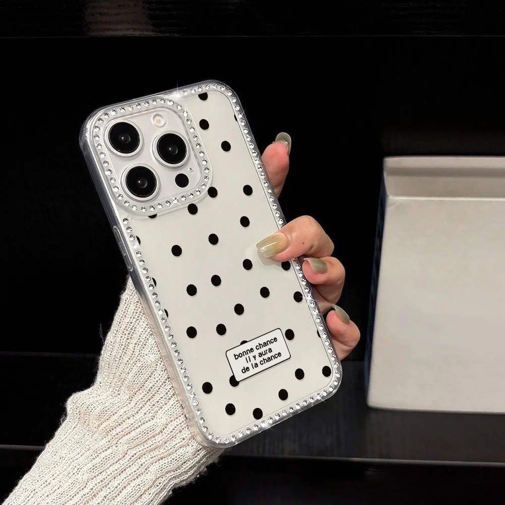 Painted Phone Case for Apple iPhone 17 16 15 14 13 12 Pro Max Air 11 Cases Rhinestone Border Polka Dot Good Luck Shockproof Capa view 2