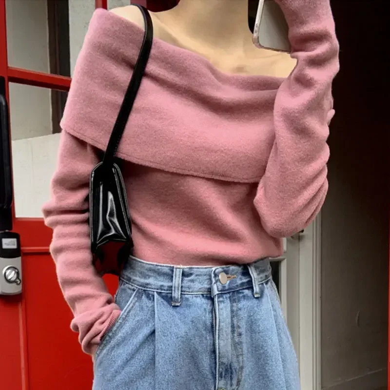 Komiyama Feminino Off Shoulder Slash Neck Sweater Women Long Sleeve Knitwears Spring AutumnY2k Clothes Elegant Pullover Tops