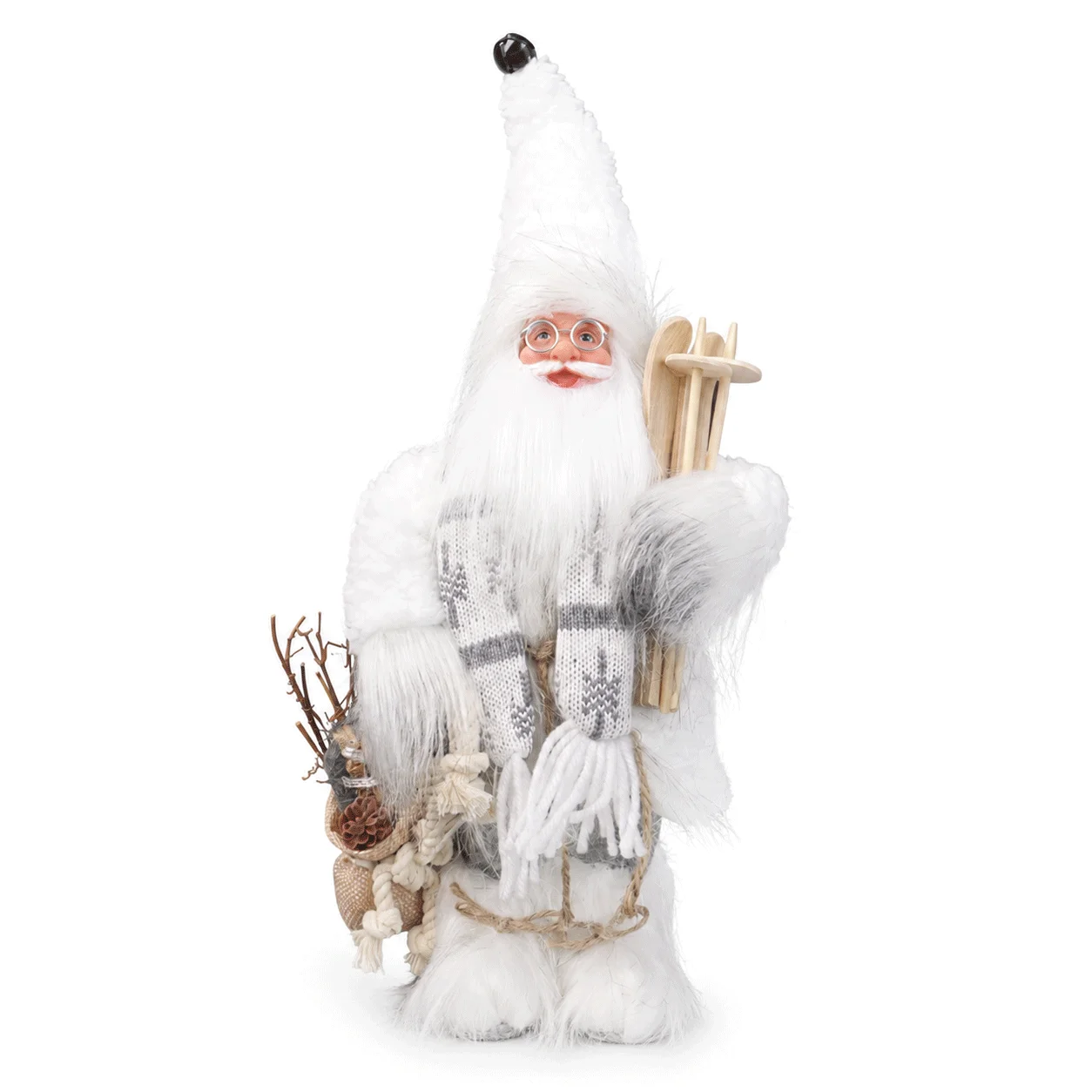 Christmas Santa Claus Figurine 30cm, Nordic White Santa Statue with Wooden Sled Pinecone Pouch for Xmas Home Decoration