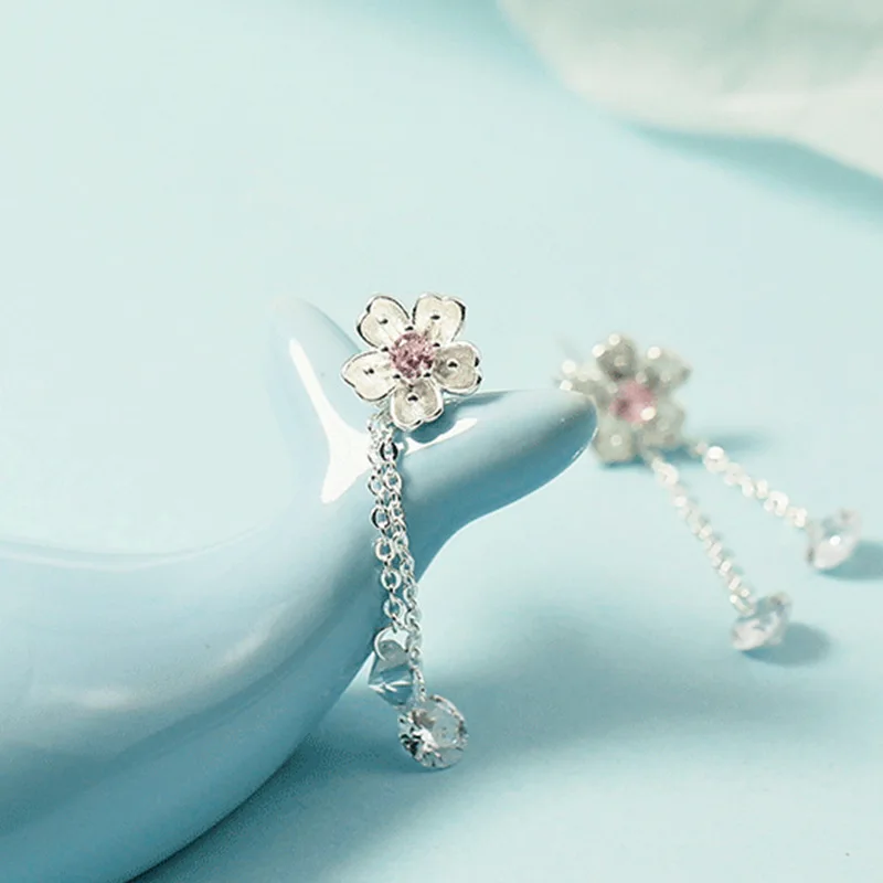 925 Silver Stud Earrings Fashionable Unique Exquisite Simple Cherry Blossom Elegant New Fringed Earrings for Women