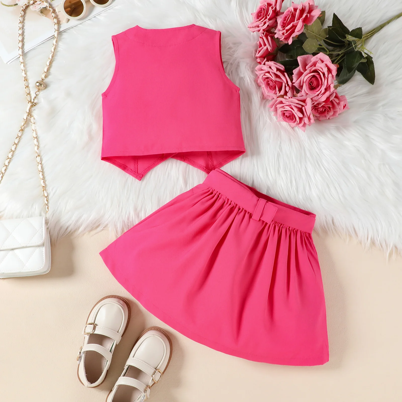 1-6Y طفل صغير الفتيات وتتسابق الصلبة الانحناء زر حتى الخامس الرقبة بلوزات بلا اكمام البسيطة مطوي تنورة حزام 3 قطعة مجموعات الأطفال #3