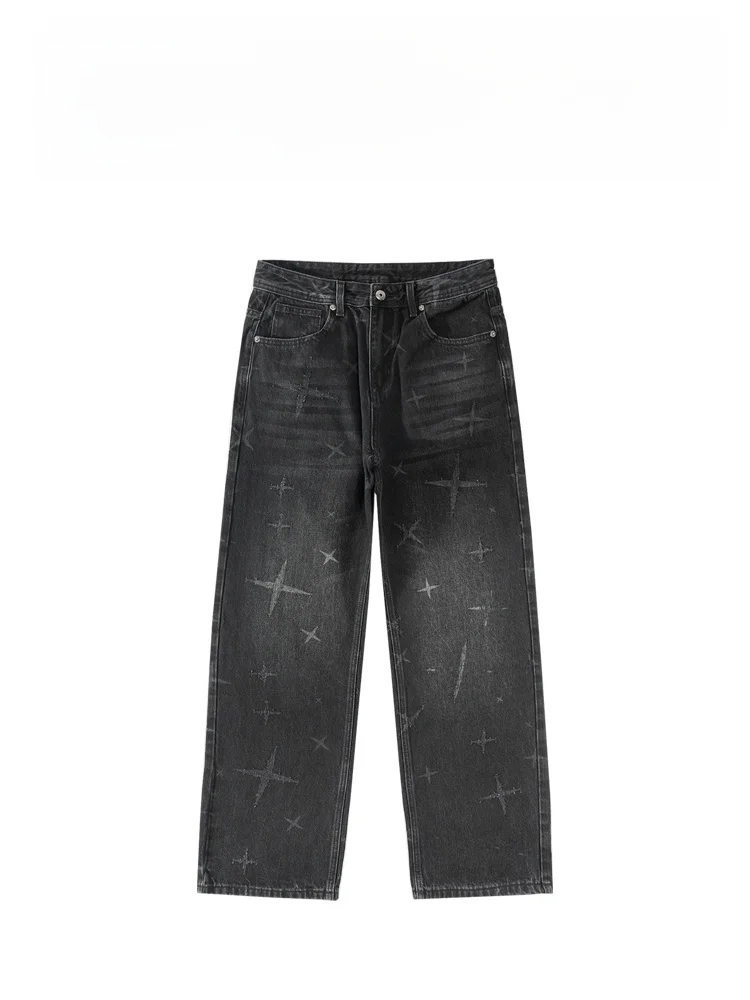 

BAIRBAOLIY American High-End adient Bla ey Star Print Loose Straight Vintage Jeans Casual Faion Urban Youth Cotton Po...