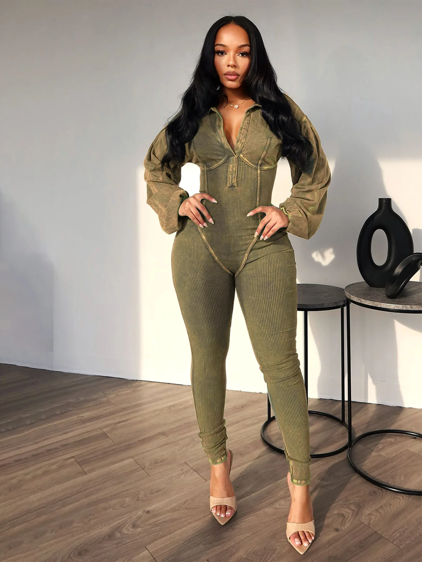

Autumn Winter Women Long Sleeve Tracksuit Jumpsuit Casual Solid Color V-Neck One Piece Bodycon Jumpsuit