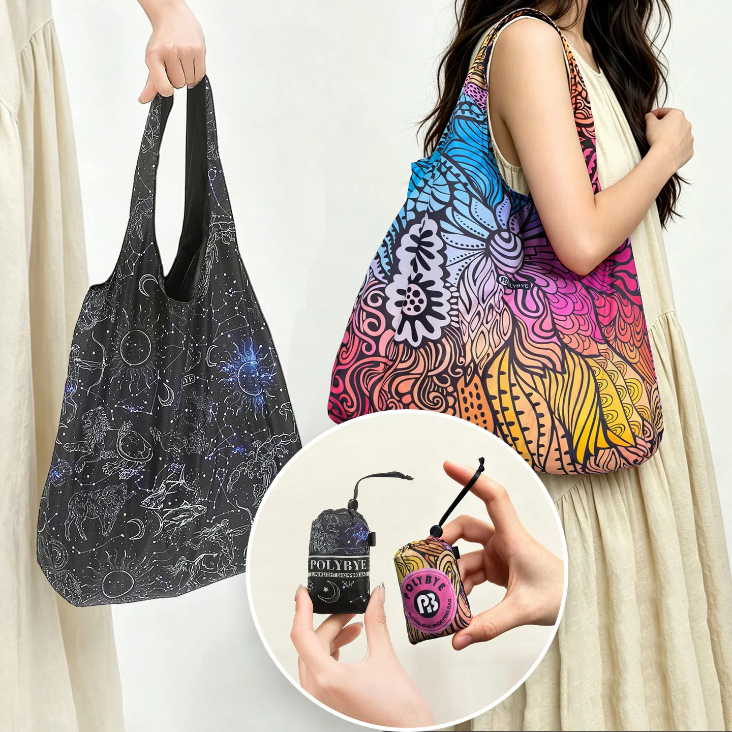 POLYBYE Foldable Shopping Bag Eco-Friendly Tote Bag Grocery Shop Bag Single Shoulder Bag Water Repellent Nylon Bag Print Design