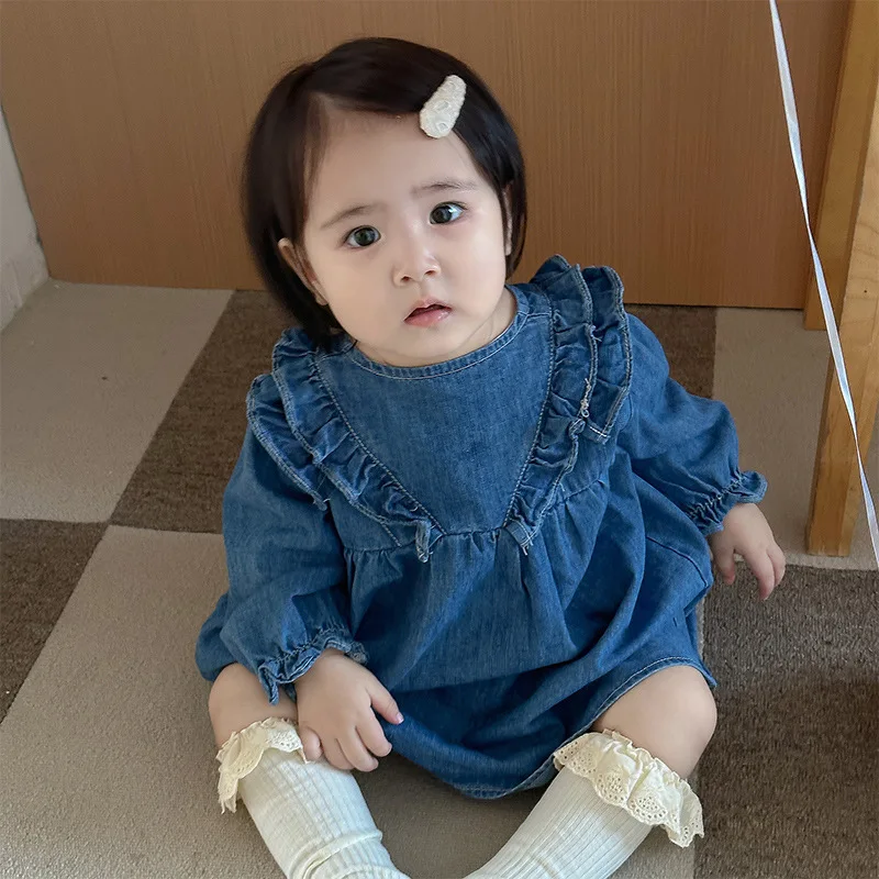 Autumn New Baby Girl Long Sleeve Dress Solid Girls Denim Dress Children Clothing Toddler Lace Collar Dress Infant Princess Dress