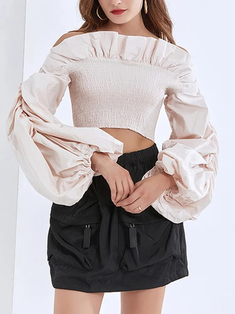 BPN Sweet Casual Blouses For Women Slash Neck Puff Sleeve Minimalist Loose Shorts Shirts Female Fashion Spring Clothing New 2024