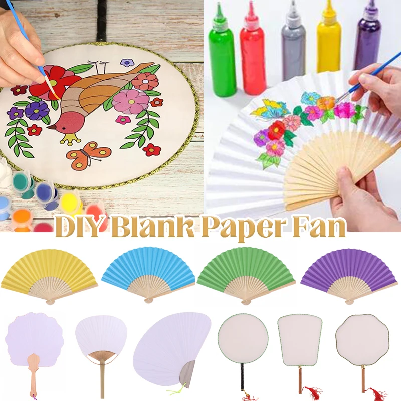 

10pcs DIY Blank Paper Folding Fan Mandarin FanBamboo Handle Colorful Kids Calligraphy Painting Handmade Diy Fans