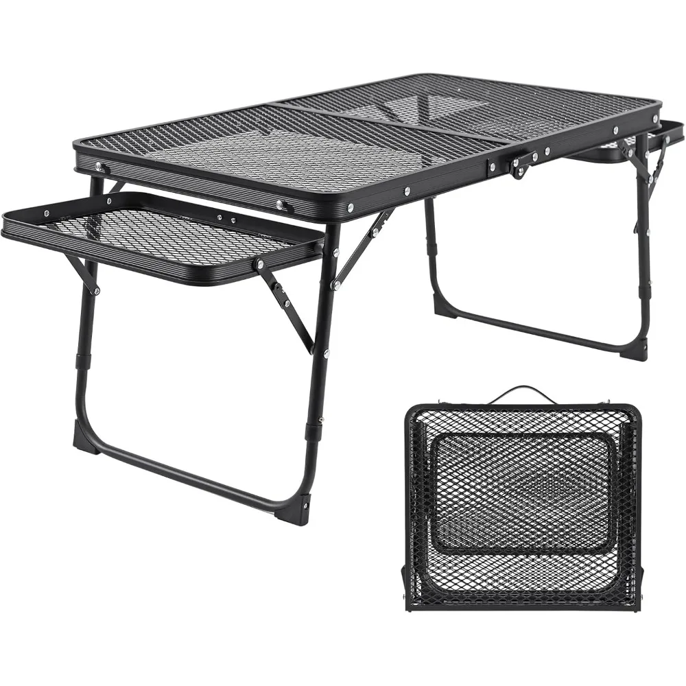 

Camping Grill Table with Extension Board, Adjustable Height, Folding, Mesh Top, Portable for Outdoor, Indoor, Beach, BBQ, Picnic
