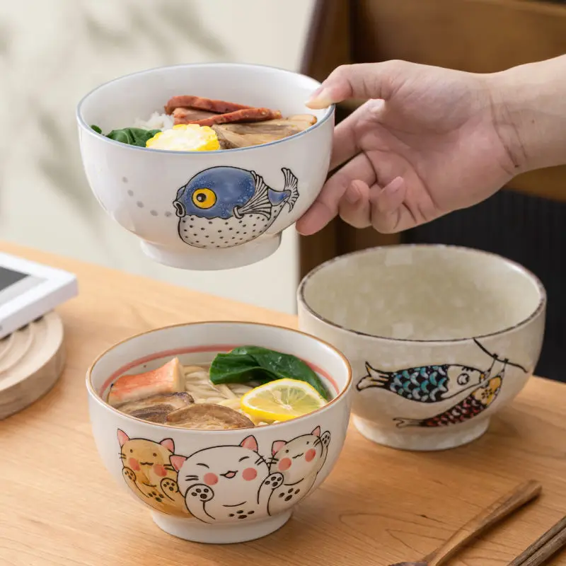 Rice bowl Rice bowl family dinner ceramic Japanese cartoon cute noodle bowl good-looking tall bowl 1PC