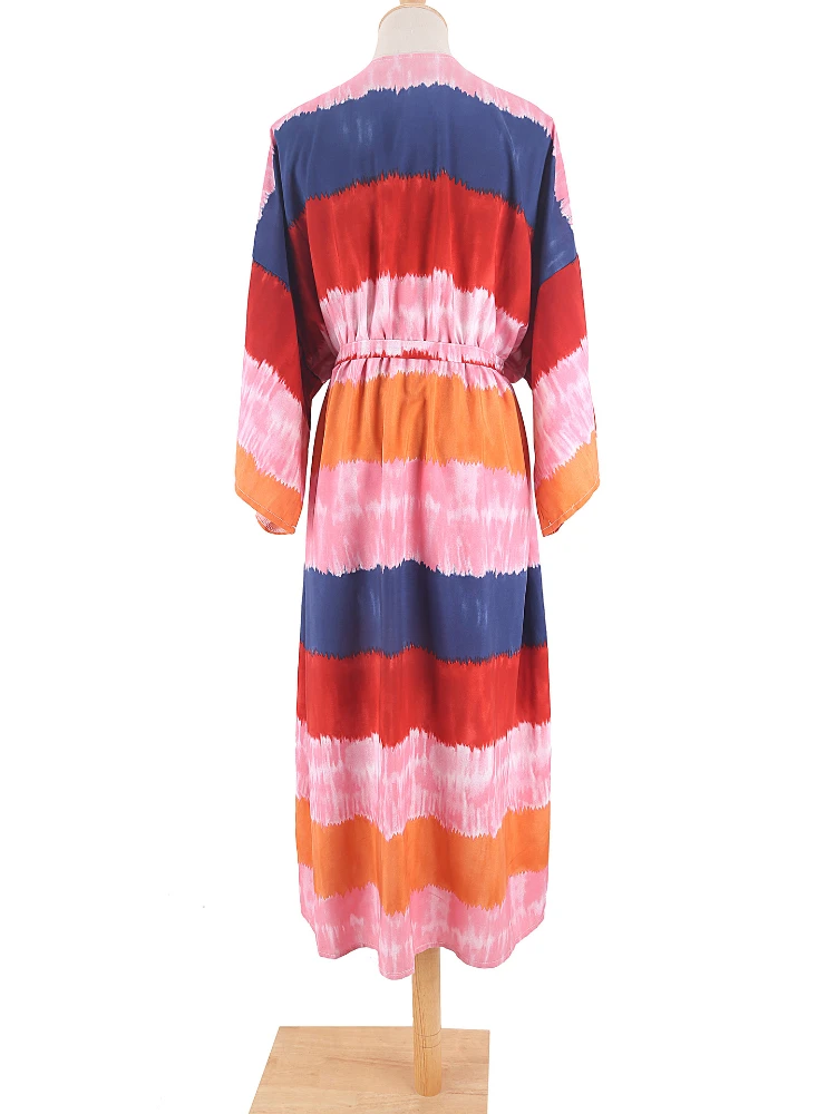 Strand Kimono Vrouwen Jurk Rainbow Gestreepte Tie Dye Badpak Cover Up Self Belted Summer Holiday Beachwear Badpakken