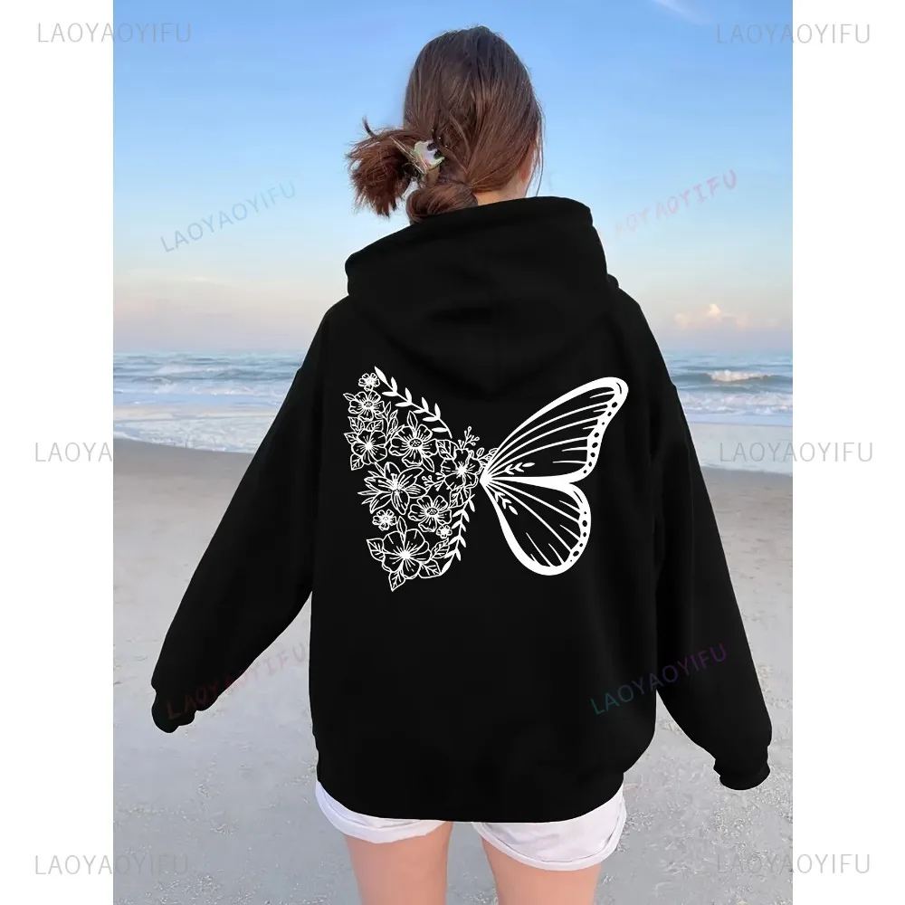 Chic Floral Butterfly Print Hoodie Adjustable Drawstring Kangaroo Pocket Stylish Womens Casual Sweatshirt Comfortable Tracksuit