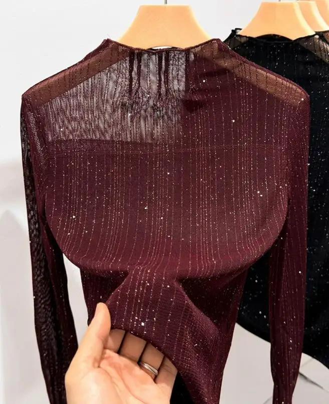

Women's Top Spring Summer New Fashionable Elegant and Gorgeous Style Perspective Mesh Bright Silk Splicing Long Sleeve Top