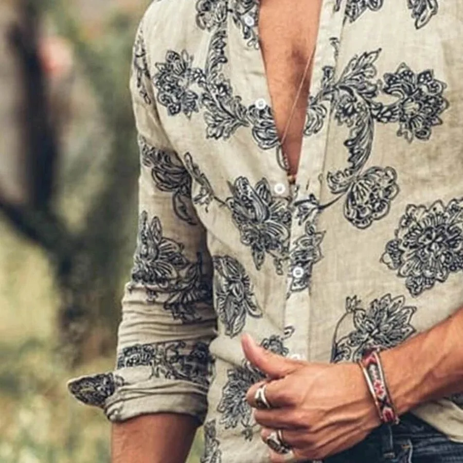 Men\'s Long Sleeve Shirt Casual Trend Fashion Floral Slim-fit Shirt For Men