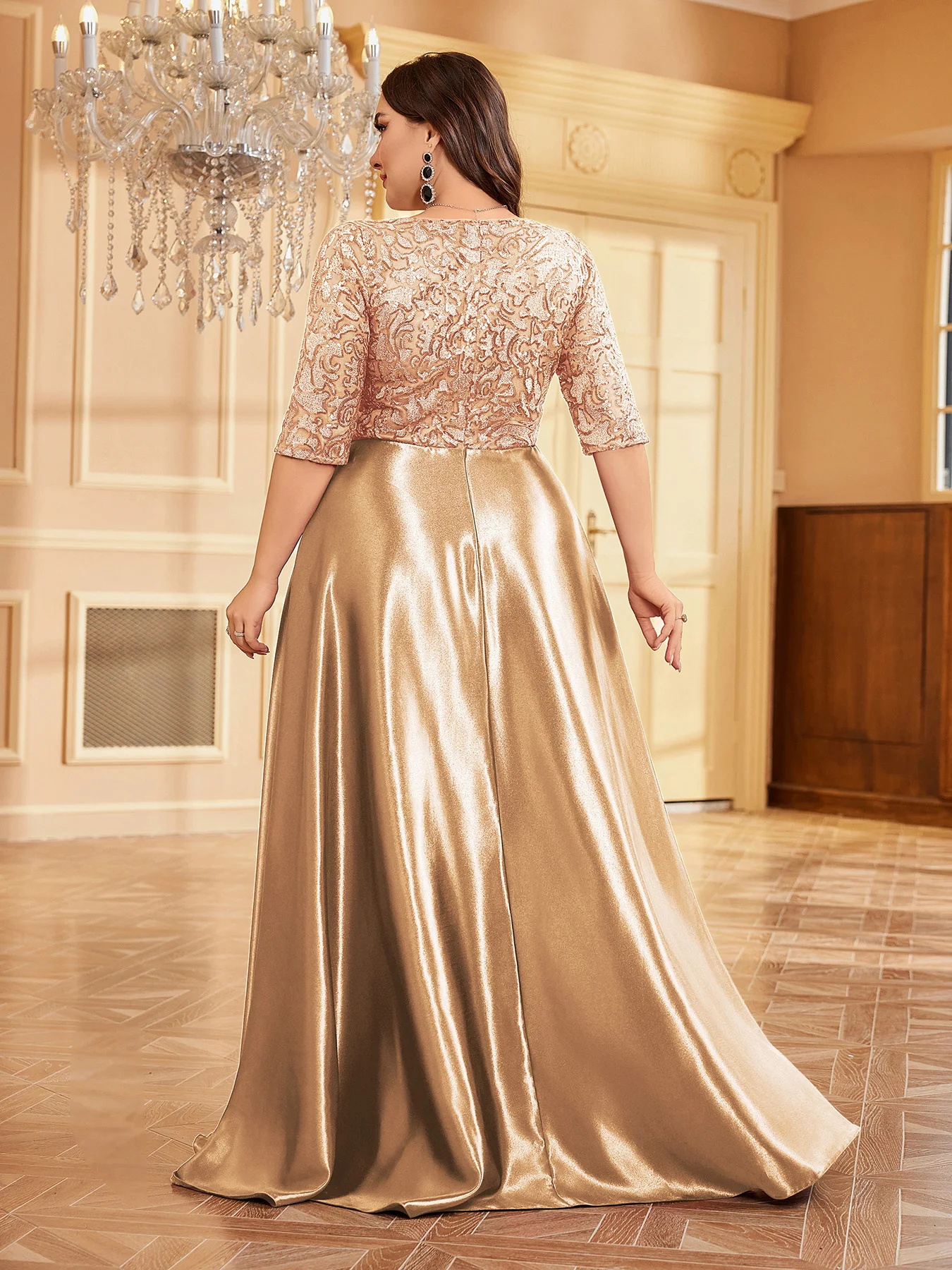 XUIBOL Evening short-sleeve V-neck sequin dress with a luxurious satin skirt and sparkling sequined bodice.