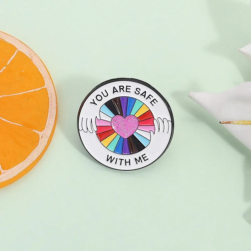 You Are Safe With Me Enamel Pin Rainbow Heart Hands Brooch LGBTQ Inclusive Lapel Badge Gift Cartoon brooch alloy badge