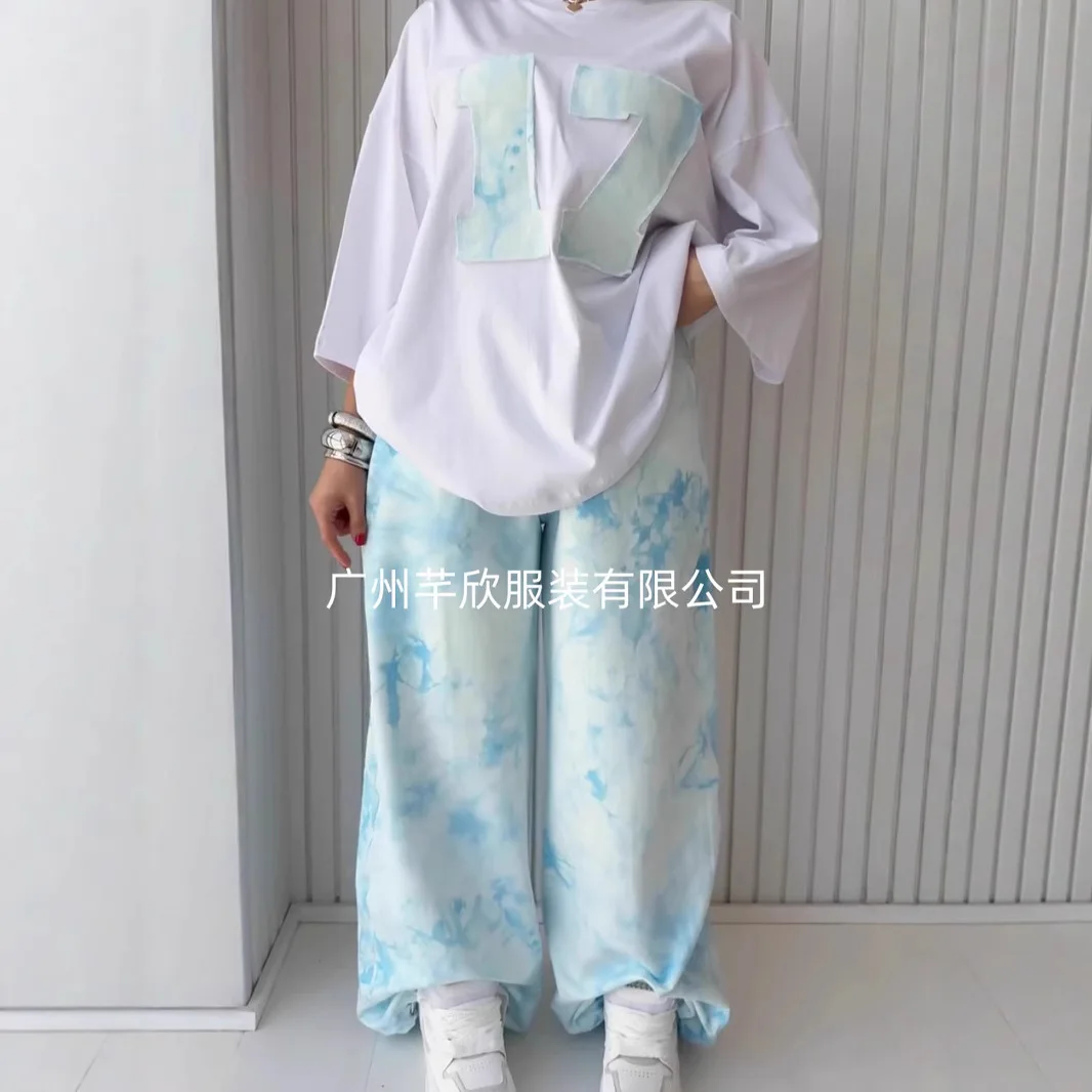 อเมริกันY2Kสาวร้อนหลวมแขนสั้นเสื้อยืดชุด 2025 ฤดูใบไม้ผลิและฤดูร้อนใหม่ผู้หญิงTie-Dyeชุดลําลองสบายๆ